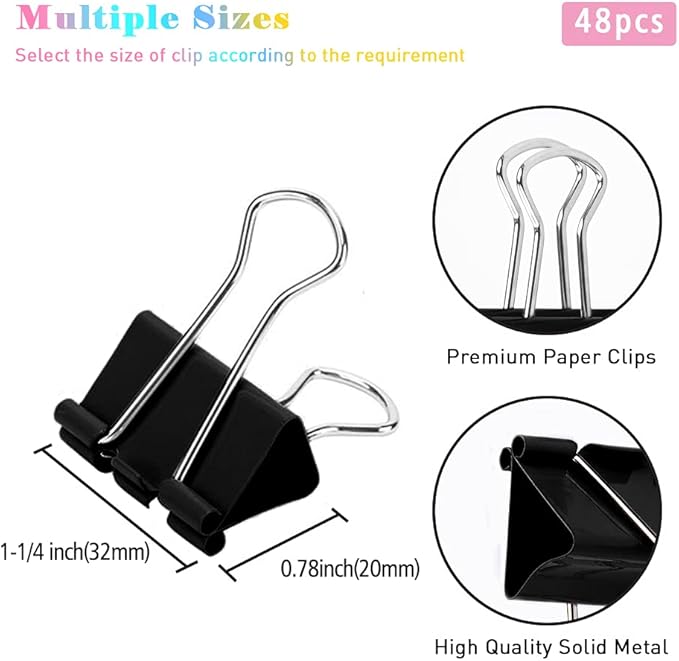 Medium Binder Clips, 48 Pack, 1-1/4 Inch, Black, Standard 32mm, Capacity 0.6 Inch, Metal Paper Clips, Office Clips, Fold Clamp, Office and School Supplies