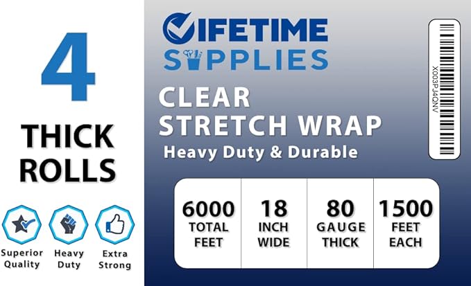 4 Rolls x 18" x 1500 FT x 80 Gauge Clear Non-Stretch Heavy Duty Plastic Stretch Wrap Shrink Film | Shipping Packaging Moving Packing Logistics | Thicker Extra Durable Film | Wrap Holder Included