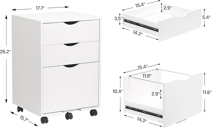 HollyHOME 3-Drawer Wood File Cabinet, Under Desk Cabinet for Home Office, Rolling Storage Shelf for Home, Printer Stand, for A4, Letter-Size, 11.8in Hanging File Folders, White