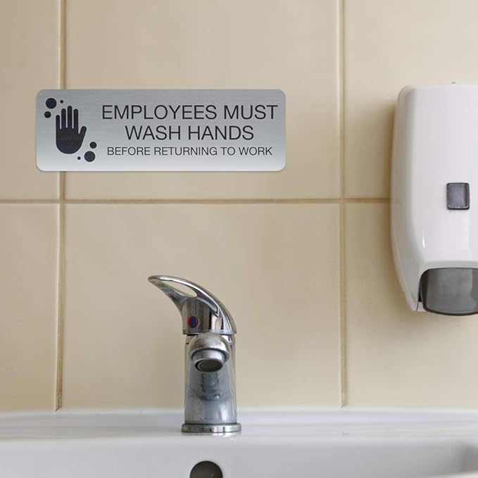 SBLABELS Employees Must Wash Hands Indoor Easy Adhesive Mount Door and Wall Sign for Restaurants and Small Businesses 3" x 9" - Silver