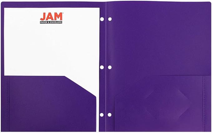 JAM PAPER Heavy Duty Plastic 3 Hole Punch Pocket Folders - Extra Tough School Folders - Purple - 6/Pack