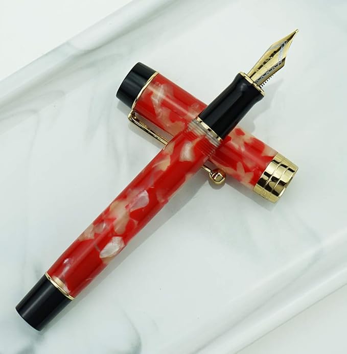 Jinhao 100 Fountain Pen Celluloid Classic Style, #6 Nib Smooth Writing Instrument with Refillable Converter and Pen Case Set