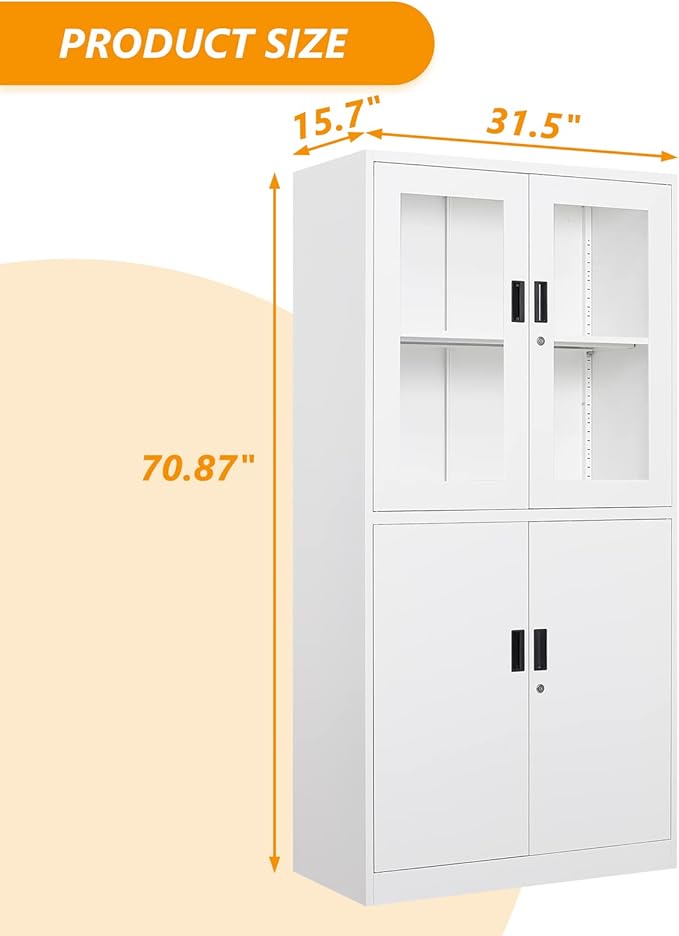 STANI Metal Storage Cabinet, Locking Steel Cabinet with Shelves, Tall Metal Utility 2 Doors, Lockable Steel Cabinets for Home Office (4 Doors, White)