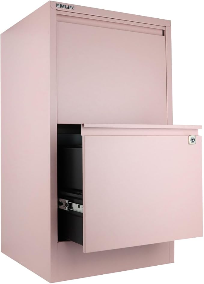 Bisley 2-Drawer Flush Front Vertical File Cabinet - Palest Pink, 2 Hanging File Drawers, Powder-Coated Steel, Locking Drawers