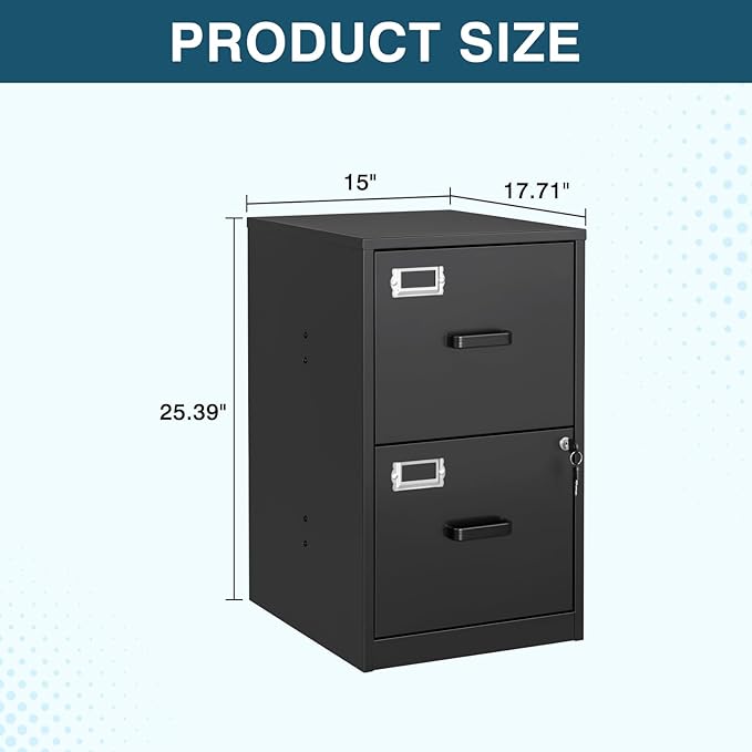 MIIIKO 2 Drawer Filing Cabinet with Lock, Metal Vertical File Cabinets for Home Office, Lockable File Storage Cabinets Under Desk, Letter/A4 File Folders Storage(Assembly Required)