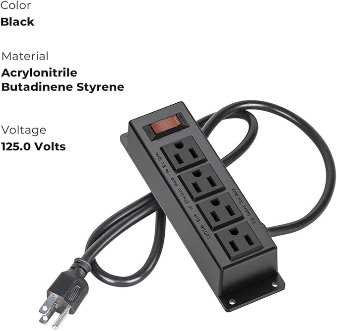 Wall Mount Power Outlet Strip, 4 Outlet Mountable Power Strip with Switch, 3ft Cord Under Desk Power Strip for Office/Industrial/Home, Flat Plug, Black