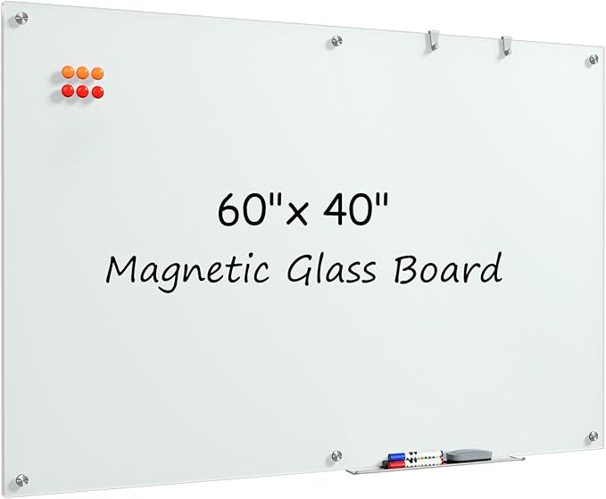 MaxGear Glass White Board 60x40 Inches, Wall Mounted Magnetic Glass Dry Erase Board, Large Frameless Whiteboard with 1 Eraser,3 Markers and 6 Magnets for Office, School, Home