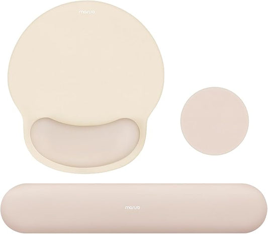 MOSISO Wrist Rest Support for Mouse Pad&Keyboard Set, Circle Curved Ergonomic Mousepad&Coaster Non-Slip Base Home/Office Pain Relief&Easy Typing Pad with Soft Cloth&Silicone Lining, Apricot