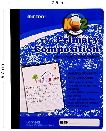 Mintra Primary Composition Notebook, 24 units 6-4 Pack, Blue Cover, 80 Sheets, 7.5in x 9.75in, 1/2 Sheet, Ruled with Drawing Area, Flexible Hardcover Journal, Grades K-2, School & Home Use