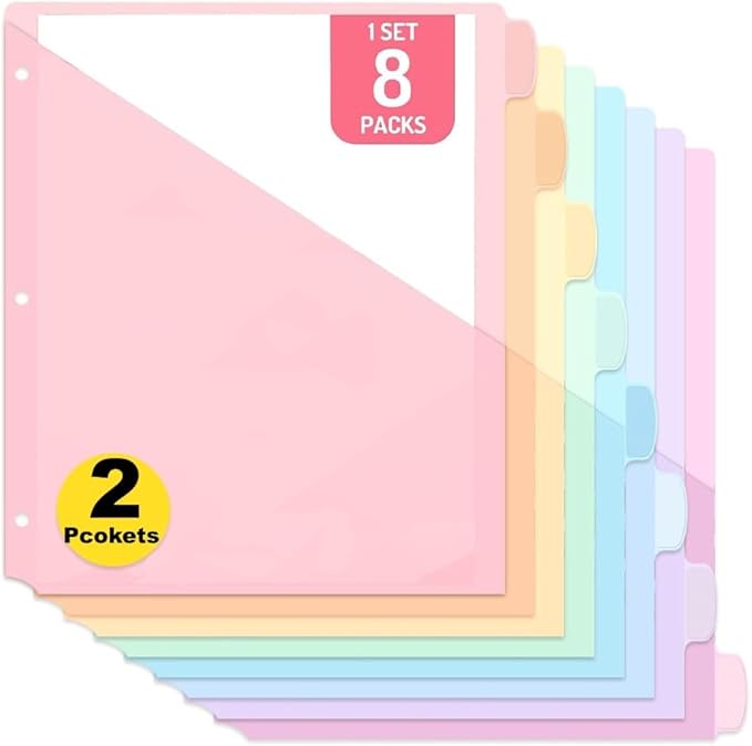 8 Count Dividers with Two Pockets - Binder Dividers for 3 Ring Binder Organizer,Binder Folders for US Letter Size for Study,Office and Home Organization (Pink,1set)