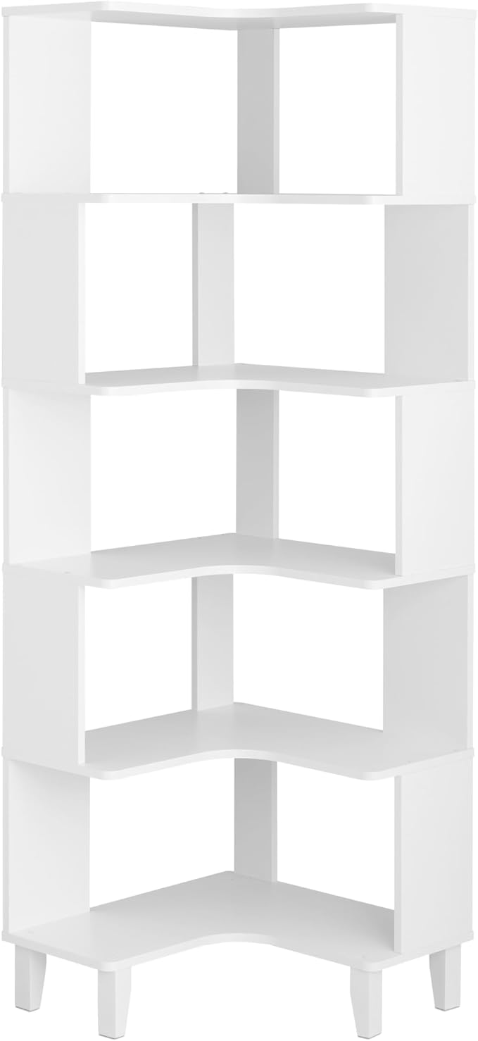 Prepac Nordik 6-Tier White Modern Mid Century Corner Bookcase, 71.5" Extra Tall White Corner Shelf with Storage, Multifunctional Freestanding Bookshelf for Home Office, Living Room, Bedroom