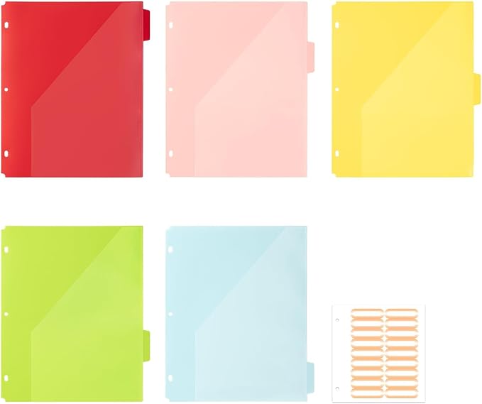 Ospelelf Pocket Binder Dividers with Tabs for 3 Ring Binder, 1/3 Cut Tabs, 5 Plastic File Folders with Pockets Letter Size 8.5 x 11, Multicolor