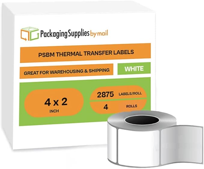 PSBM Thermal Transfer Labels, 4x2 Inch, 4 Rolls, 2875 Labels/Roll, 3 Inch Core, Perforated, Must Have Thermal Ribbon (Not Included)