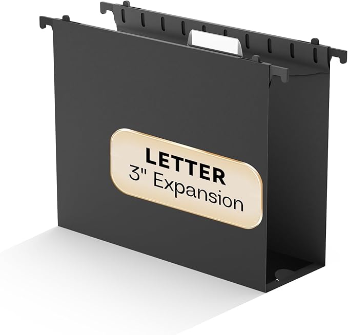 Plastic Hanging File Folder Letter Size,Heavy Duty 3“Expanding Reinforced Black Large Hanging Folders,Insert Gasket,Adjustable Tabs,Filing Cabinet Folder for Office/School/Home,12 Pack