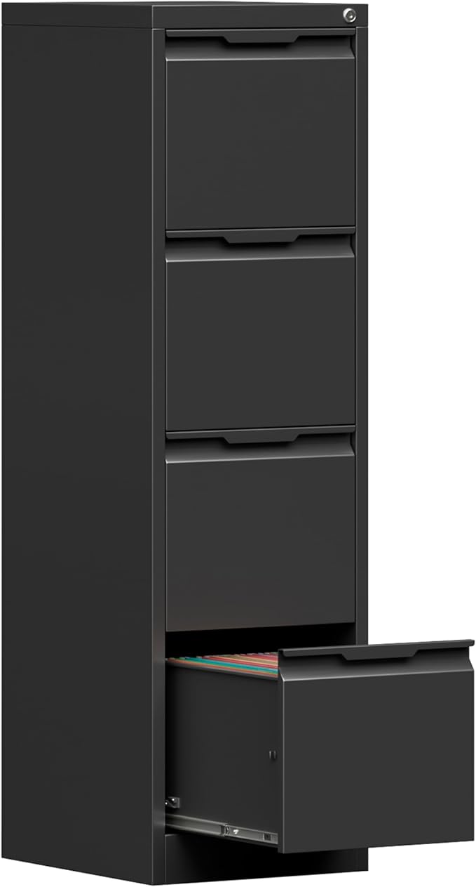 4-Drawer Metal File Cabinet with Lock,Steel Printer Stand with Storage for Home Office,Vertical Filing Cabinet for Legal/Letter/A4 Files,Assembly Required(15''W-4 Drawers,Black)