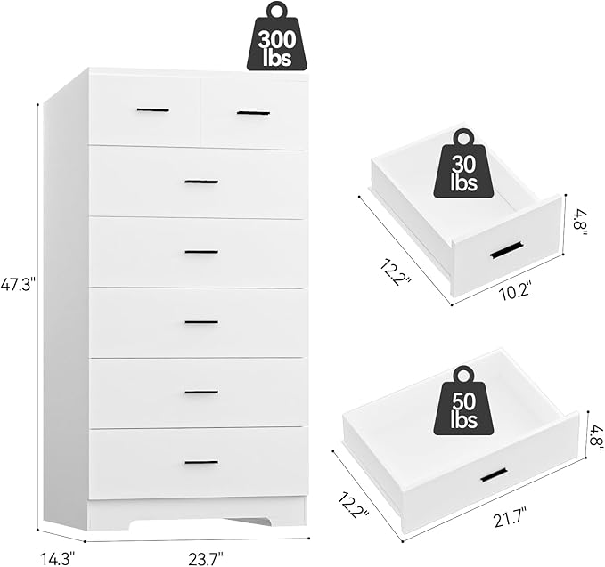 47.3" Tall Dresser for Bedroom Chests of Drawers with Charging Station 7 Drawer Dressers with Metal Slide Rail Modern Wood Closet Organizer with Large Storage for Home Office Entryway