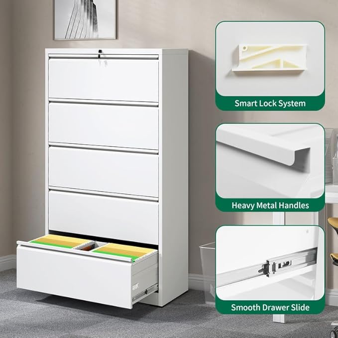 5 Drawer Lateral File Cabinet with Lock, Metal Filing Cabinets for Home Office, Steel Storage Wide File Cabinet for Letter/Legal/F4/A4 Size with Hanging Bars, Assembly Required (White)