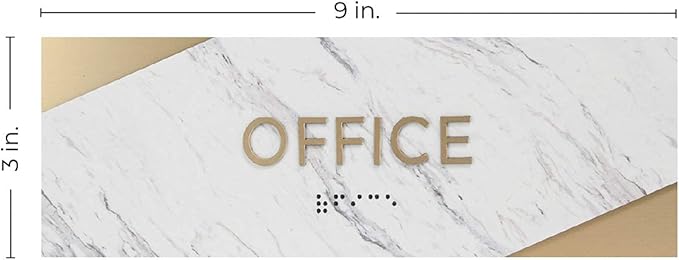 Office Sign with Braille/Small Business Easy Adhesive Mount Door And Wall Sign / 3" x 9" Light Marble Design