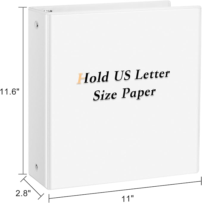 2'' 3 Ring Binder, Standard 2-inch Round Ring Binder Fit Letter Size Paper, Presentation View Binders, White, 6-Pack