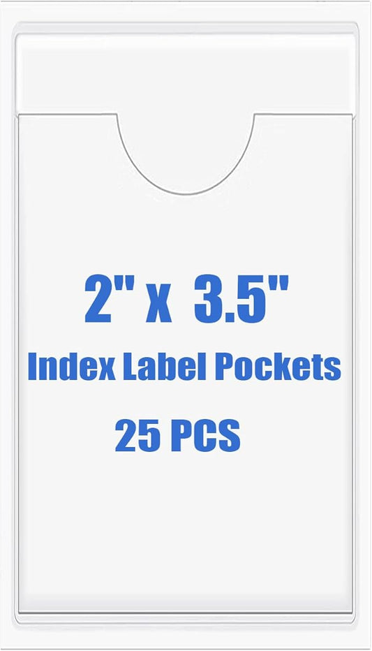 Origin-Joy 25 PCS Self-Adhesive Index Label Pockets, Clear Plastic Peel & Stick Card Holders with Top Open for Loading (2 x 3.5 inch)