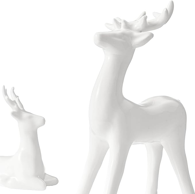 WDS WONDROUS Christmas Decoration Indoor Reindeer Figurines, Set of 2 White Christmas Reindeer Statues Decor, Ceramic Deer Sculptures Xmas Decorations for Table Top Winter Mantel Home Decor
