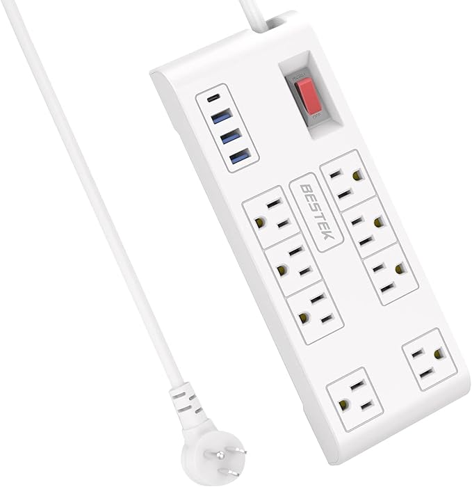 BESTEK 8 AC Outlet, 5 Feet Extension Cord Power Strip with 3 USB-A 2.4A 1USB-C 3A, MAX Output 1625W 13A, 600Joule, Ultra-Compact Wide Spaced Outlet for Large Plug