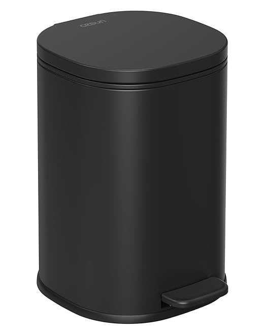 Cesun Black Bathroom Trash Can with Lid, 1.3 Gallon Small Garbage Can with Foot Pedal, Metal Round Wastebasket for Bathroom, Bedroom, Office, Matte Black