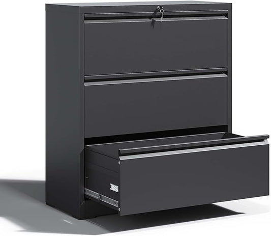 Locking Filing Cabinet with 3 Drawer Heavy Duty Large Metal Cabinet Home Office Black Lateral File Cabinets Wide Steel Cabinets for Legal/Letter Size File,Assembly Required