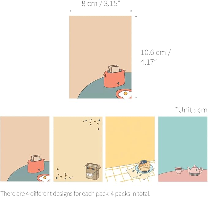 Monolike Memopad Memories design B SET - 4 Packs, 4 Different Designs, 100 Sheets Per Pad, Total 400 Sheets, Note pads, Writing pads, 3.15 x 4.17 Inches