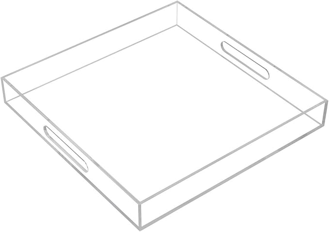 Clear Sturdy Acrylic Serving Tray with Handles - 14x14Inch - Coffee, Appetizer, Breakfast, Butler Tray - Kitchen Countertop & Makeup Drawer Organizer