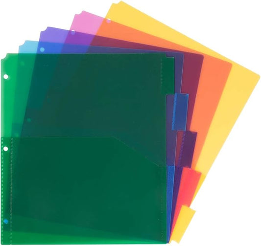 JAM PAPER Plastic Index 5-Tab Dividers w/Double Pockets - 9 3/4 x 11 1/2 - Assorted Multi-Color - 6 Packs of 5 Tabs/Set