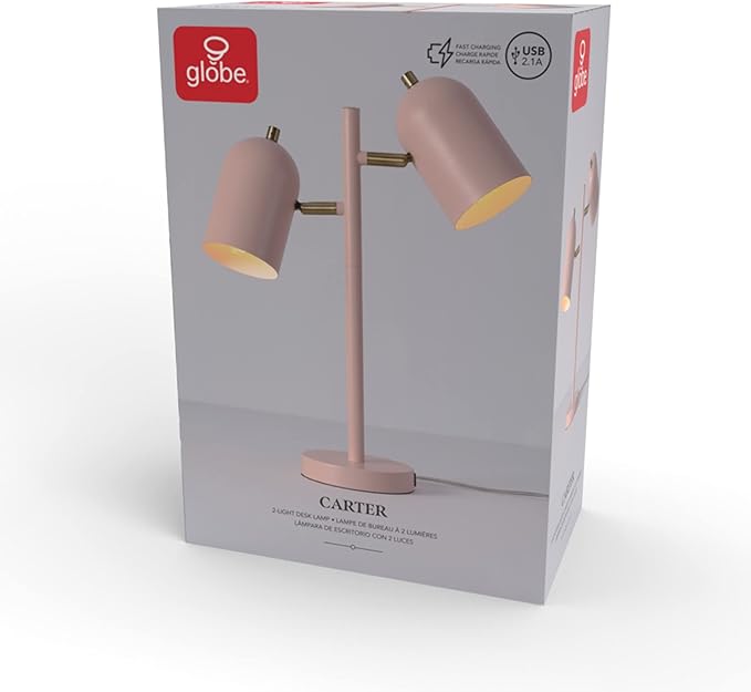 GLOBE Electric 30290 19" 2-Light Desk Lamp, Matte Pink, Brass Accents, 2.1A USB Port, On/Off Rotary Switch on Each Shade, Reading Light, Dorm Room Essentials, Lamps for Living-Room, Office Décor