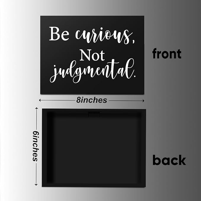 mmiishe Inspirational Wooden Box Sign Decorative Motivational Be Curious Not Judgmental Wood Box Sign Home Bedroom Office Decor Rustic Farmhouse Square Desk Decor Sign for Shelf 6 x 8 Inches Black