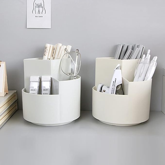 Rotating Pen Holder 3 Compartments, School Supplies Organizer for Pen, Colored Pencil, Art Brushes, Desktop Storage Box in Classroom & Art Studio, Gift for Teachers, Classmates, and Friends ,Grey