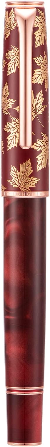 Hongdian N8 Red Acrylic Fountain Pen, Long Blade Fine Nib Rose Gold Trim Maple Leaves Carving Cap, Smooth Writing Pen with Converter and Metal Pen Box Set