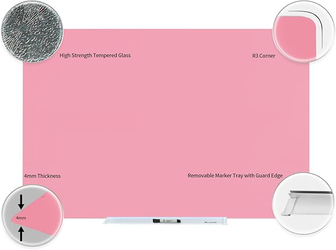 Magnetic Whiteboard, Pink Dry Erase Board 3' x 2', Tempered Glass White Board Frameless, Home School Supplies or Home Office Decor with Magnets, Markers, Eraser, Marker Tray