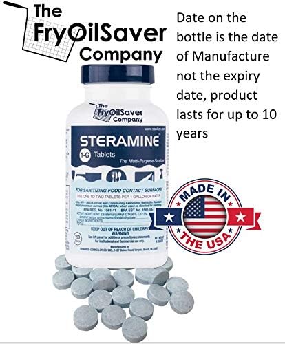 Steramine Sanitizer Tablet w/ 15x QT-10 Test Strips, Multi Purpose Sanitizing Tablet for Food Contact Surface, Kitchen, Restaurant, Steramine Sanitizer Tab for Food Service by FryOilSaver(150 Tablets)