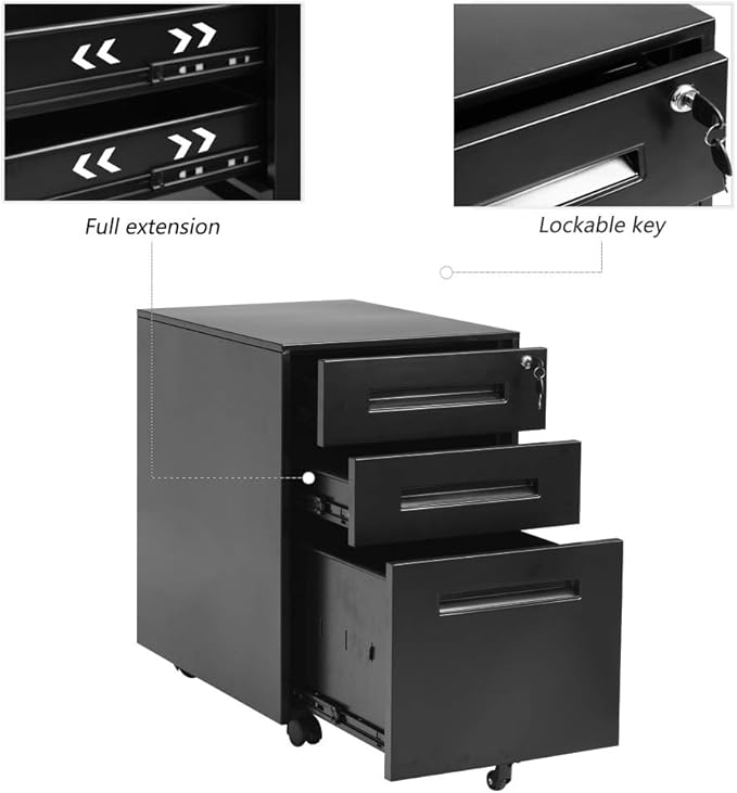 Superday Black 3 Drawer Mobile File Cabinet, Metal Rolling Vertical File Cabinet with Drawers, Small Under Desk Lateral Cabinet for Office and Home, Fully Assembled Except Wheel(B)