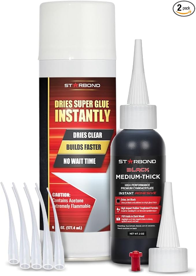 STARBOND 2 oz Black Medium-Thick Premium CA Glue, 6 oz Aerosol Accelerator Bundle, Cyanoacrylate Adhesive Super Glues, for Woodworking, Wood Knots and Voids, Woodturning, Guitar, Hobby