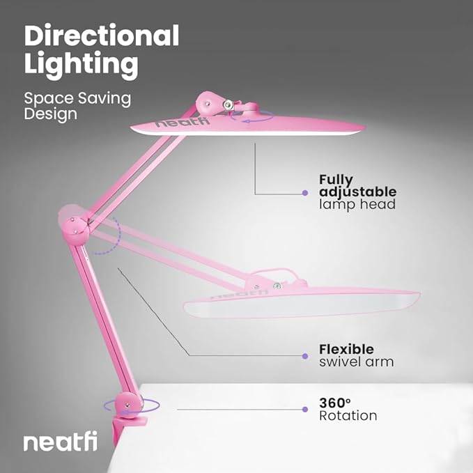 Neatfi XL 2,200 Lumens LED Task Lamp, 20W, 182 Pcs SMD LED, Dimmable, 4 Level Brightness, 3 Light Modes, Desk Light for Home, Office, Workbench (CCT, Pink)