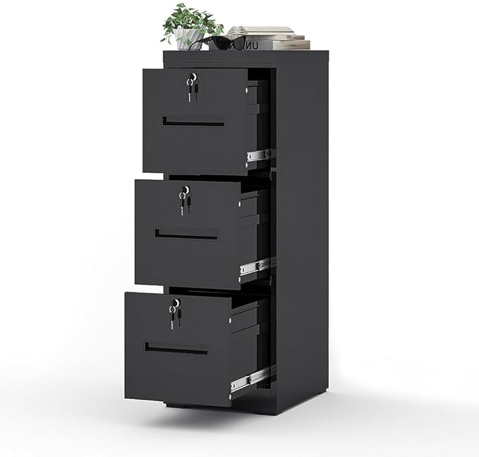 3 Drawer File Cabinet with 3 Locks, Metal Filing Cabinet Heavy Duty Vertical File Cabinets for Home Office, Steel File Storage Cabinets for Letter/Legal File Folders, Assembly Required (Black)