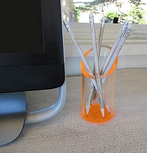 OfficeGoods Acrylic Pen & Pencil Holder - Modern Cylinder Design - Beautiful Desk Organizer for Home or Office - Contrasting Base & Rim - 5.25” H x 2.5” W - Neon Tangerine