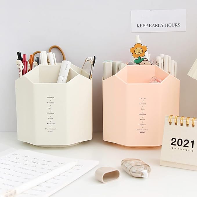 Rotating Desk Organizer, Pencil Holders, Office Accessories Caddy, School Supplies Organizer for Pen, Colored Pencil, Art Brushes, 5 Compartments, Gift for Teachers, Classmates, and Friends (Pink)