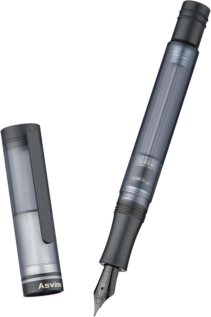 Asvine V200 Titanium Fountain Pen Vacuum Filling, Matte Black Fine Point Transparent Acrylic Smooth Writing Pen Case Set