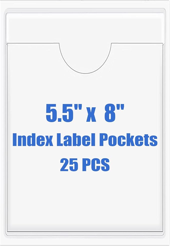Origin-Joy 25 PCS Self-Adhesive Index Label Pockets, Clear Plastic Peel & Stick Card Holders with Top Open for Loading (5.5 x 8 inch)