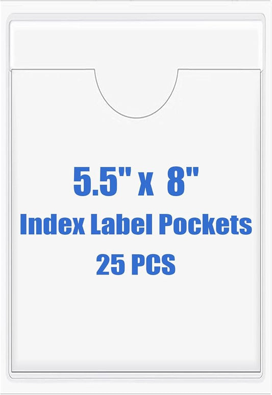 Origin-Joy 25 PCS Self-Adhesive Index Label Pockets, Clear Plastic Peel & Stick Card Holders with Top Open for Loading (5.5 x 8 inch)