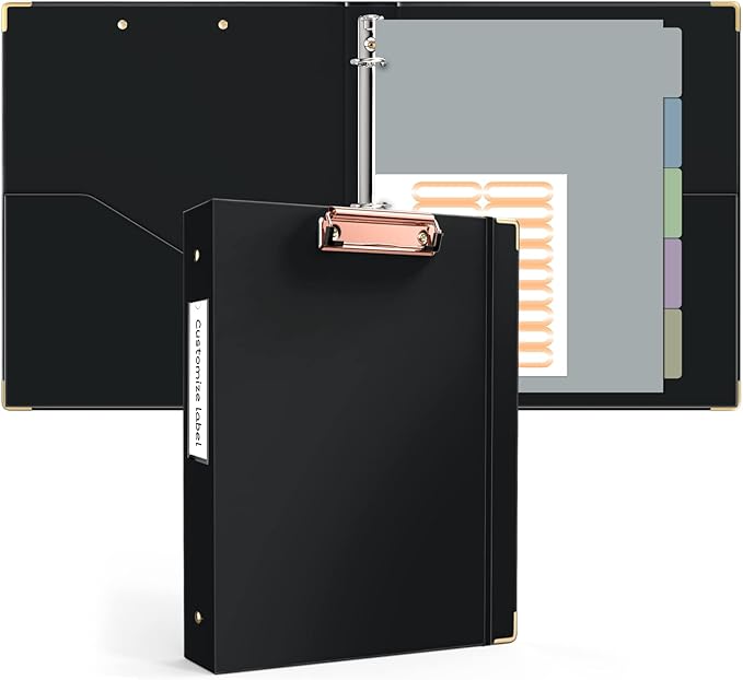 Ospelelf 3 Ring Binder 1 Inch, Clipboard Binders for Letter Size Documents (11" x 8.5") with 5 Tab Dividers, File Folder Labels, Black Organizer for School and Office Supplies