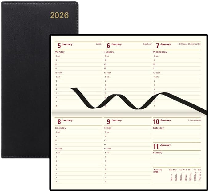Letts of London® 2026 Belgravia Weekly/Monthly Appointment Book and Planner, 12 Months, January to December, Italian Leather, Horizontal, Slim Size, 6.625" x 3.25", English, Black (C33SBK-26)