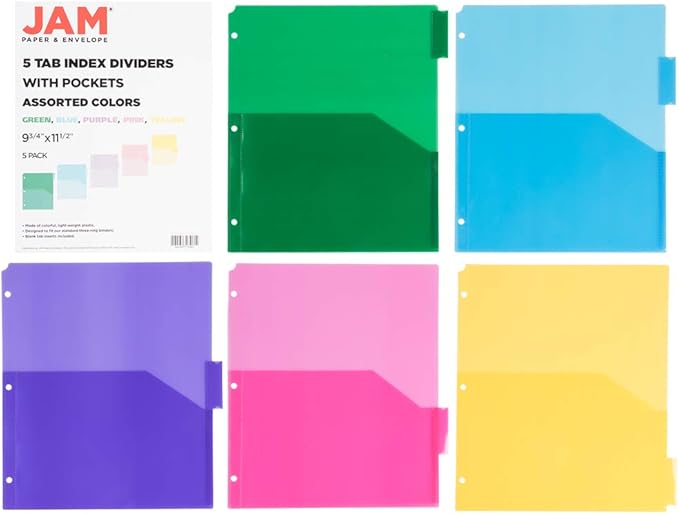 JAM PAPER Plastic Index 5-Tab Dividers w/Double Pockets - 9 3/4 x 11 1/2 - Assorted Multi-Color - 6 Packs of 5 Tabs/Set