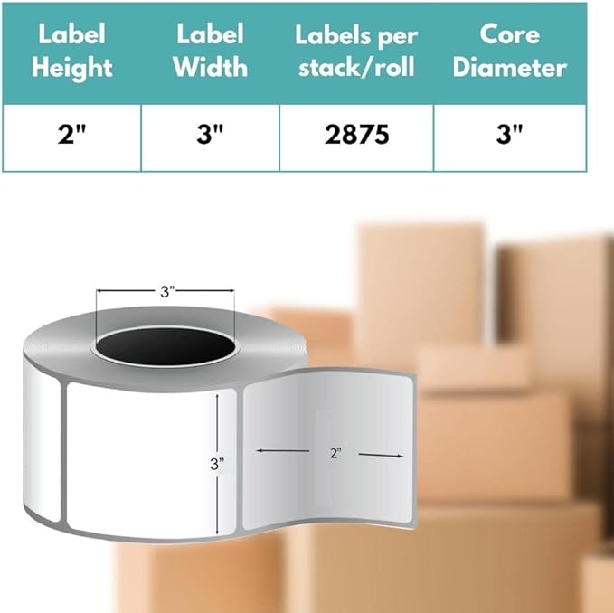 PSBM Thermal Transfer Labels, 3x2 Inch, 4 Rolls, 2875 Labels/Roll, 3 Inch Core, Perforated, Must Have Thermal Ribbon (Not Included)